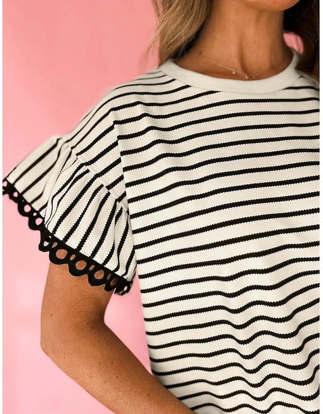 Black Stripe Scallop Lace Trim Ruffle Short Sleeves Crewneck Top