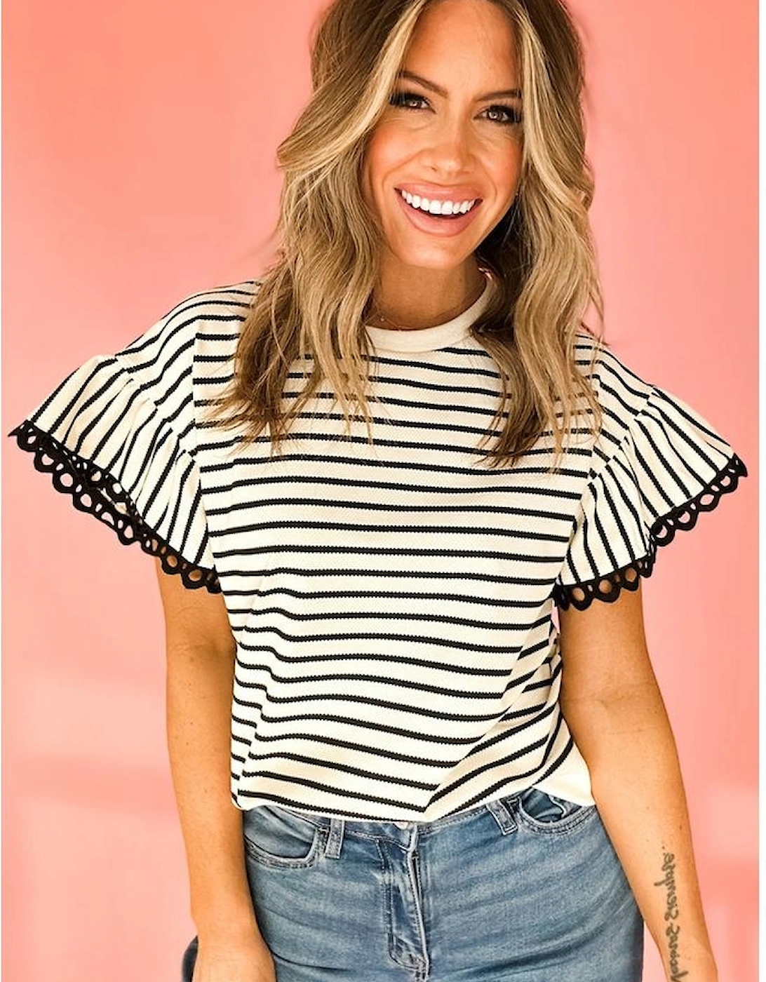 Black Stripe Scallop Lace Trim Ruffle Short Sleeves Crewneck Top