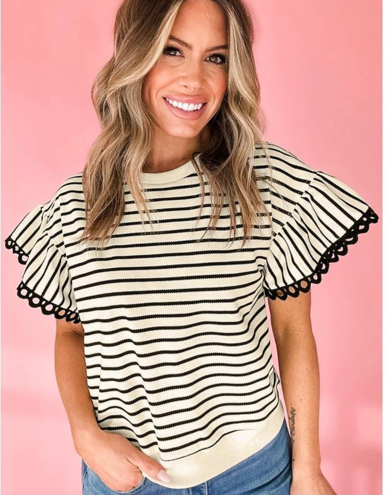 Black Stripe Scallop Lace Trim Ruffle Short Sleeves Crewneck Top