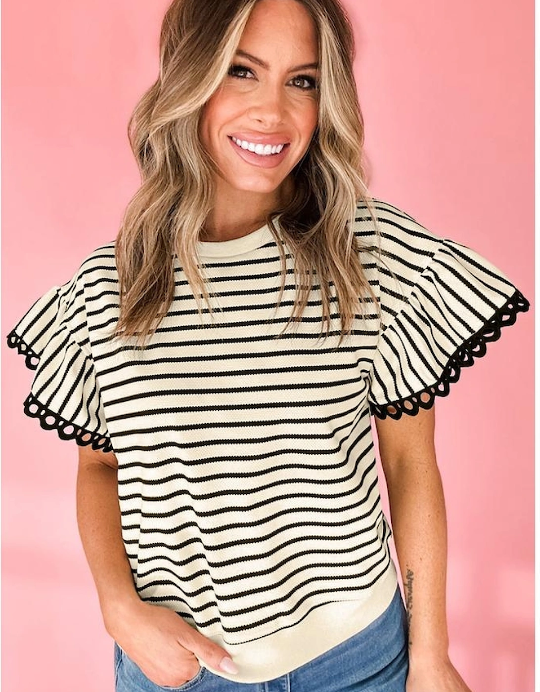 Black Stripe Scallop Lace Trim Ruffle Short Sleeves Crewneck Top