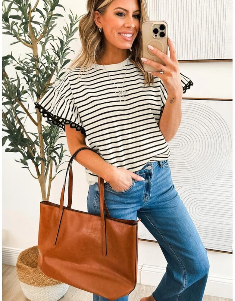 Black Stripe Scallop Lace Trim Ruffle Short Sleeves Crewneck Top