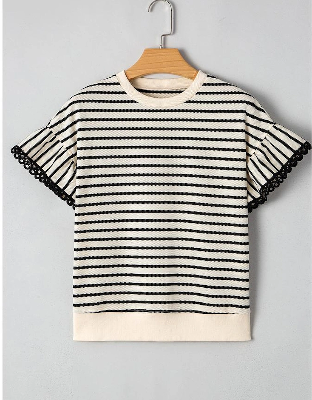 Black Stripe Scallop Lace Trim Ruffle Short Sleeves Crewneck Top
