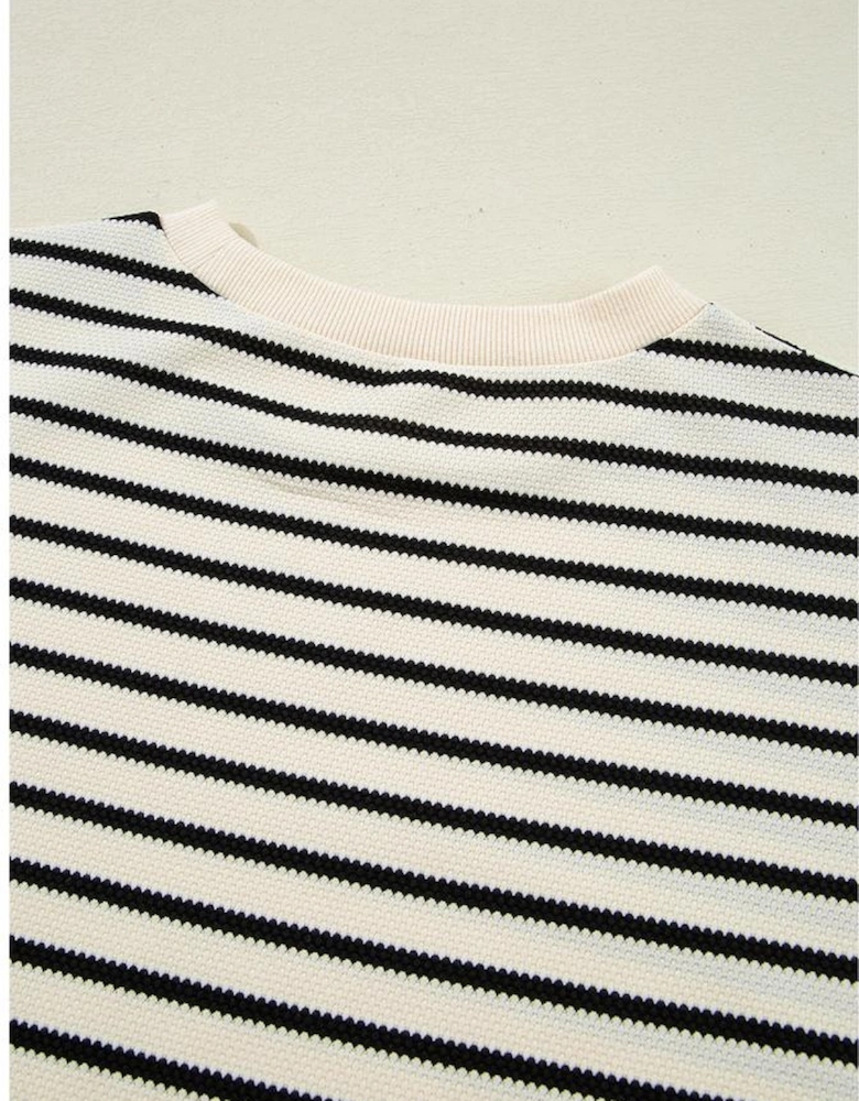 Black Stripe Scallop Lace Trim Ruffle Short Sleeves Crewneck Top