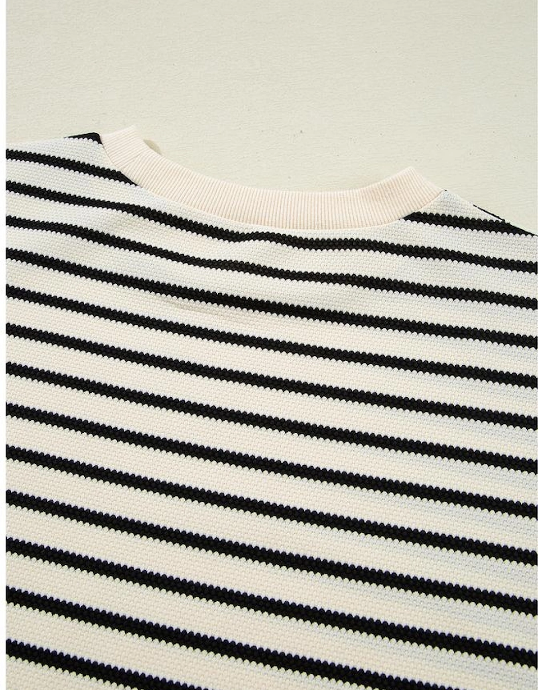 Black Stripe Scallop Lace Trim Ruffle Short Sleeves Crewneck Top