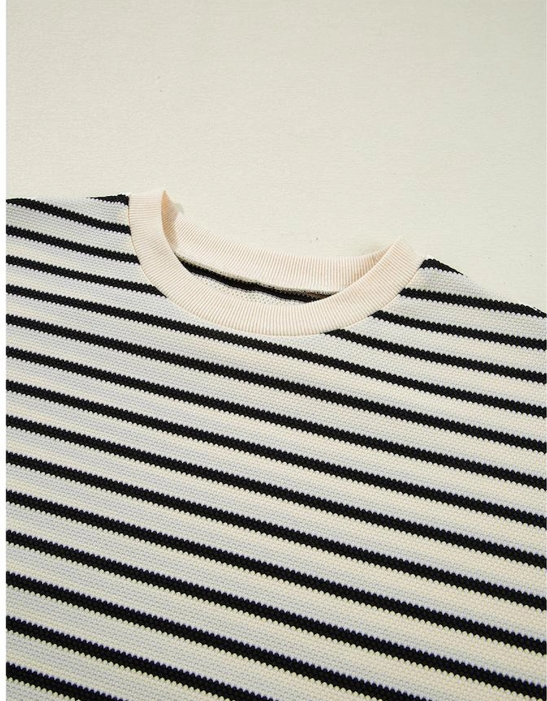 Black Stripe Scallop Lace Trim Ruffle Short Sleeves Crewneck Top