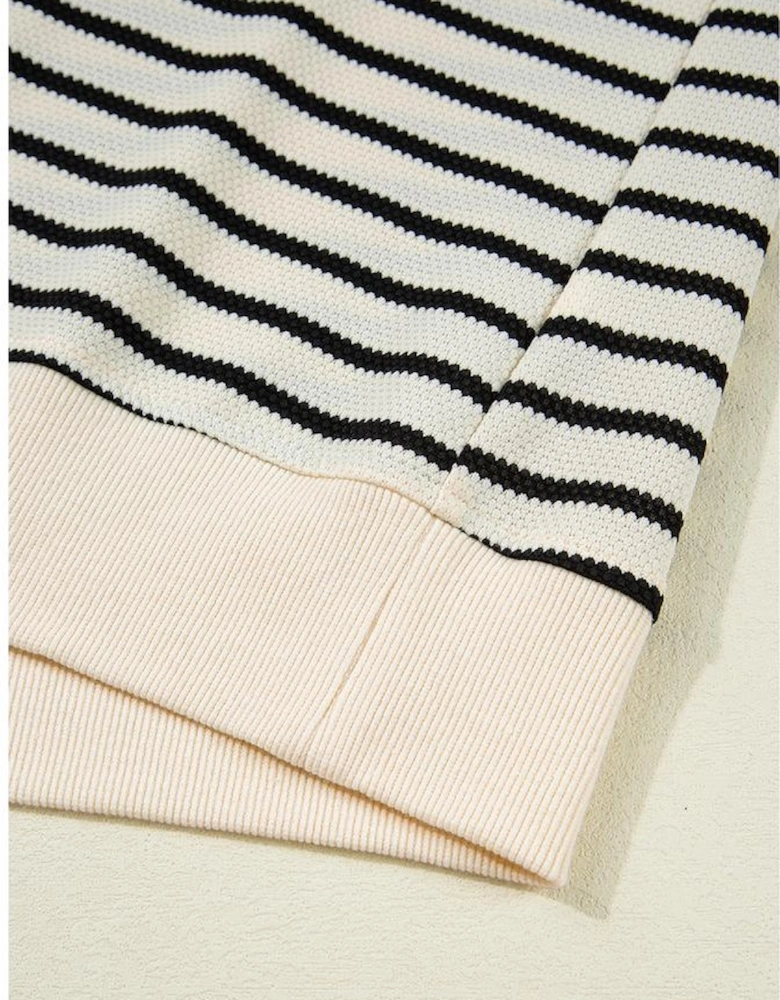 Black Stripe Scallop Lace Trim Ruffle Short Sleeves Crewneck Top