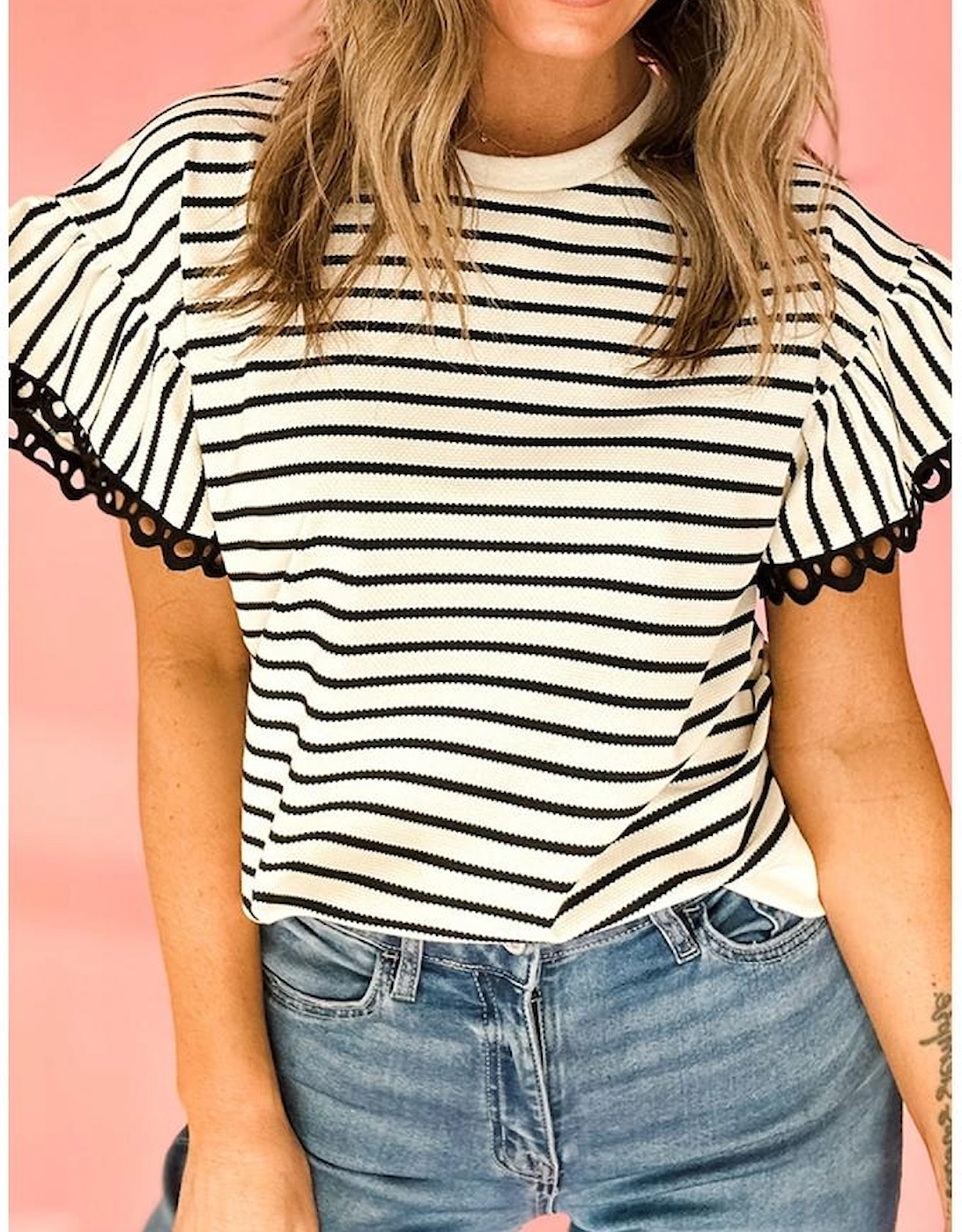 Black Stripe Scallop Lace Trim Ruffle Short Sleeves Crewneck Top