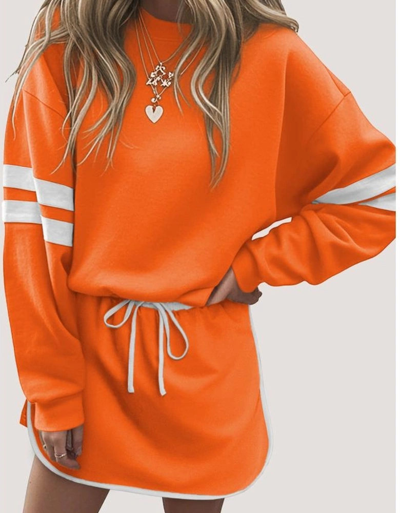 Orange Varsity Stripe Detail Drop Shoulder Pullover Mini Skirt Set