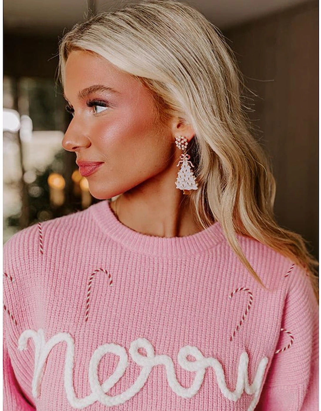 Pink Merry Candy Cane Puffy Knit Crew Neck Sweater