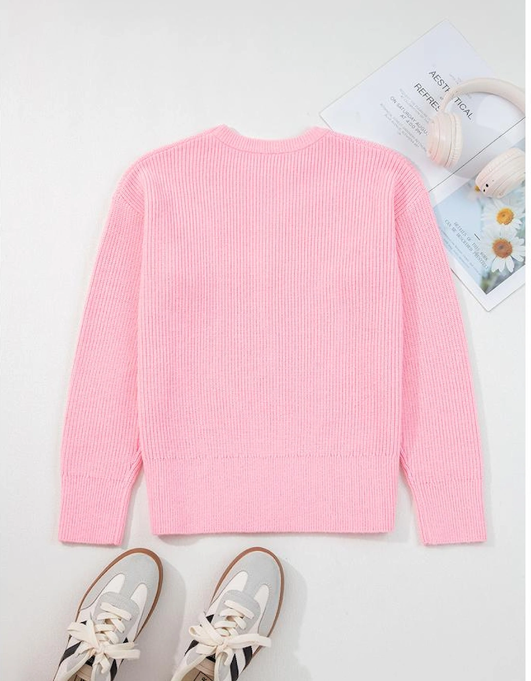 Pink Merry Candy Cane Puffy Knit Crew Neck Sweater