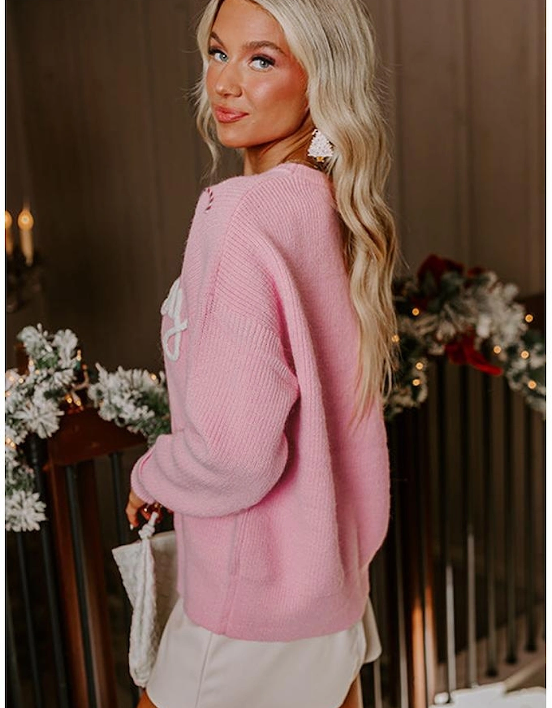 Pink Merry Candy Cane Puffy Knit Crew Neck Sweater