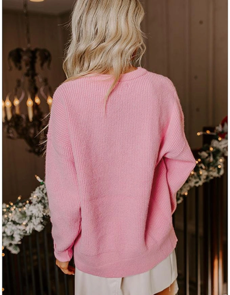 Pink Merry Candy Cane Puffy Knit Crew Neck Sweater