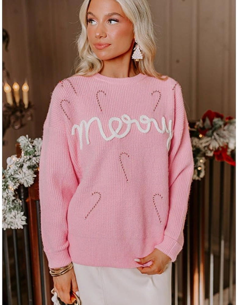Pink Merry Candy Cane Puffy Knit Crew Neck Sweater