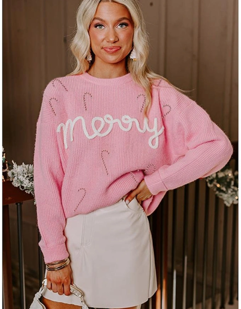 Pink Merry Candy Cane Puffy Knit Crew Neck Sweater