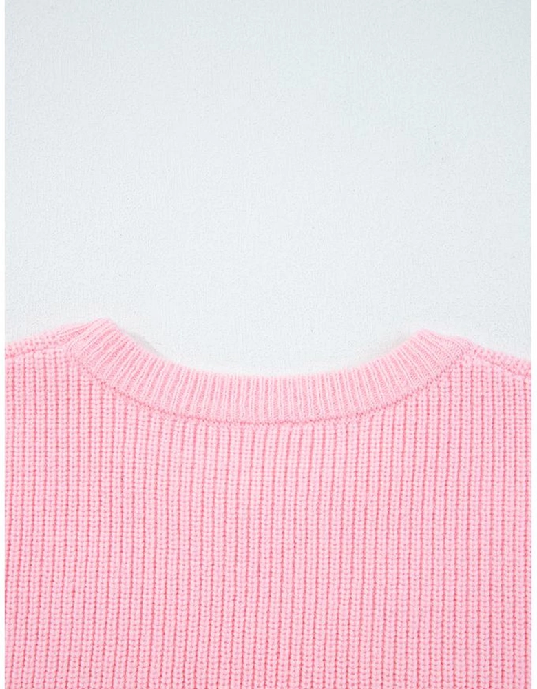 Pink Merry Candy Cane Puffy Knit Crew Neck Sweater