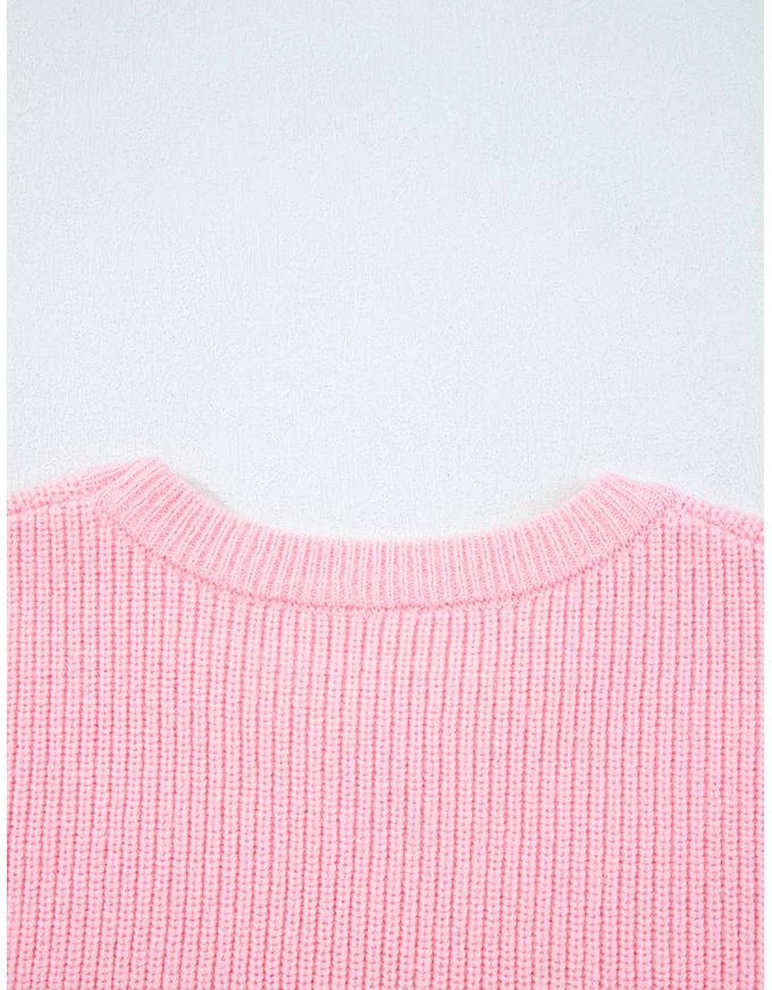 Pink Merry Candy Cane Puffy Knit Crew Neck Sweater