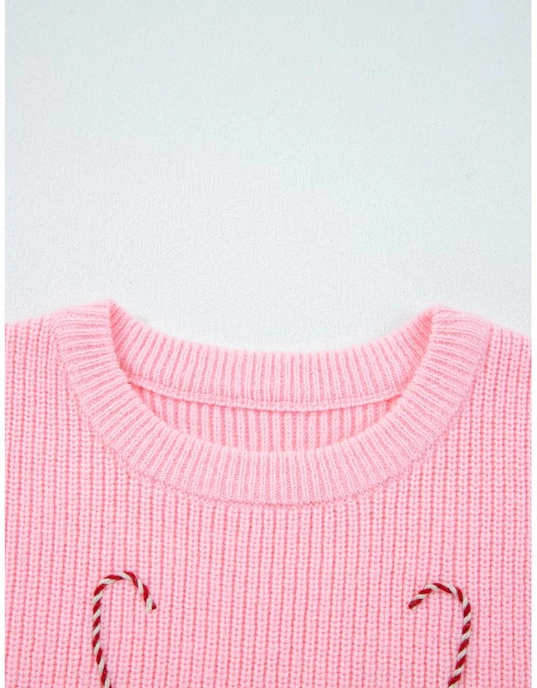 Pink Merry Candy Cane Puffy Knit Crew Neck Sweater