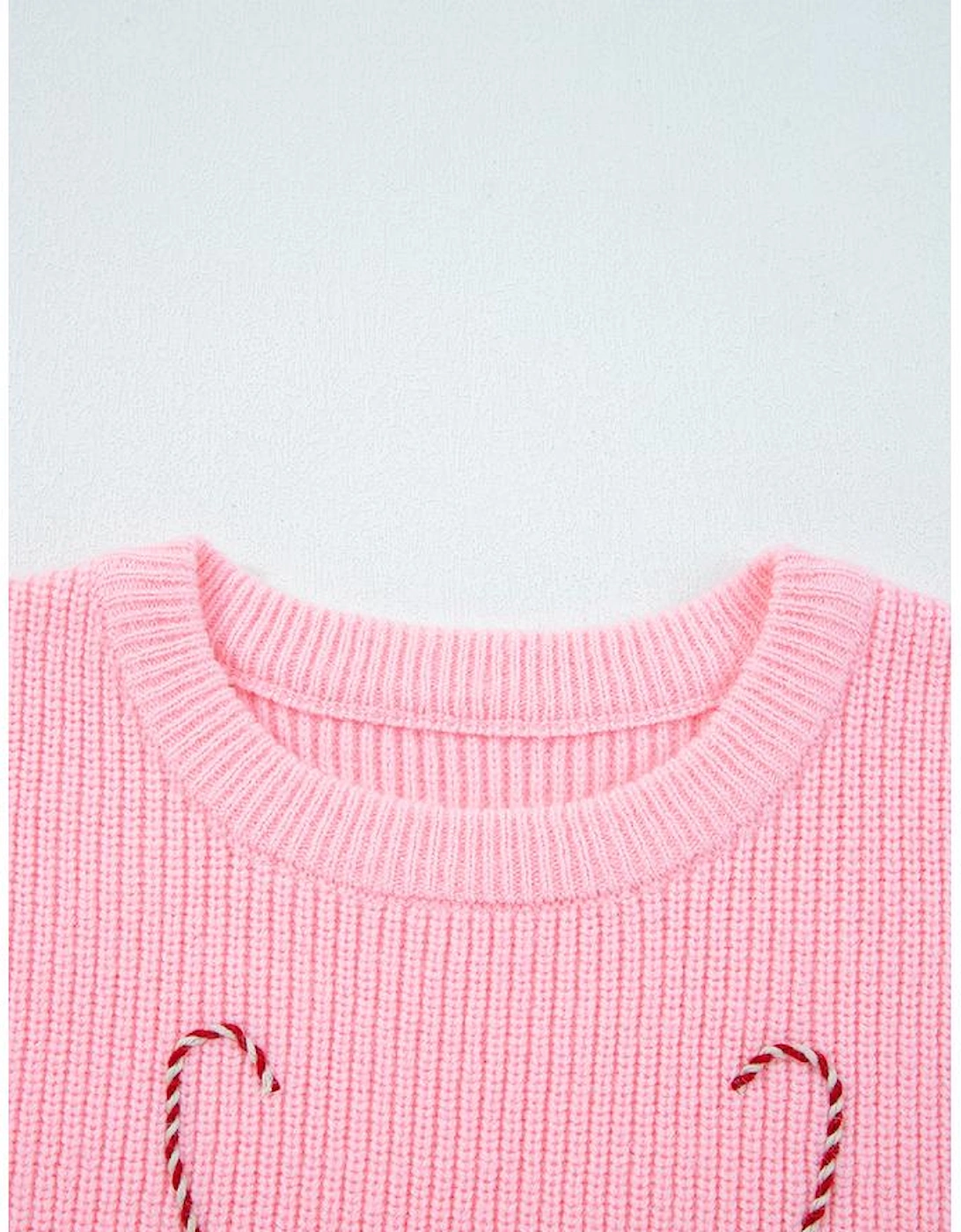 Pink Merry Candy Cane Puffy Knit Crew Neck Sweater