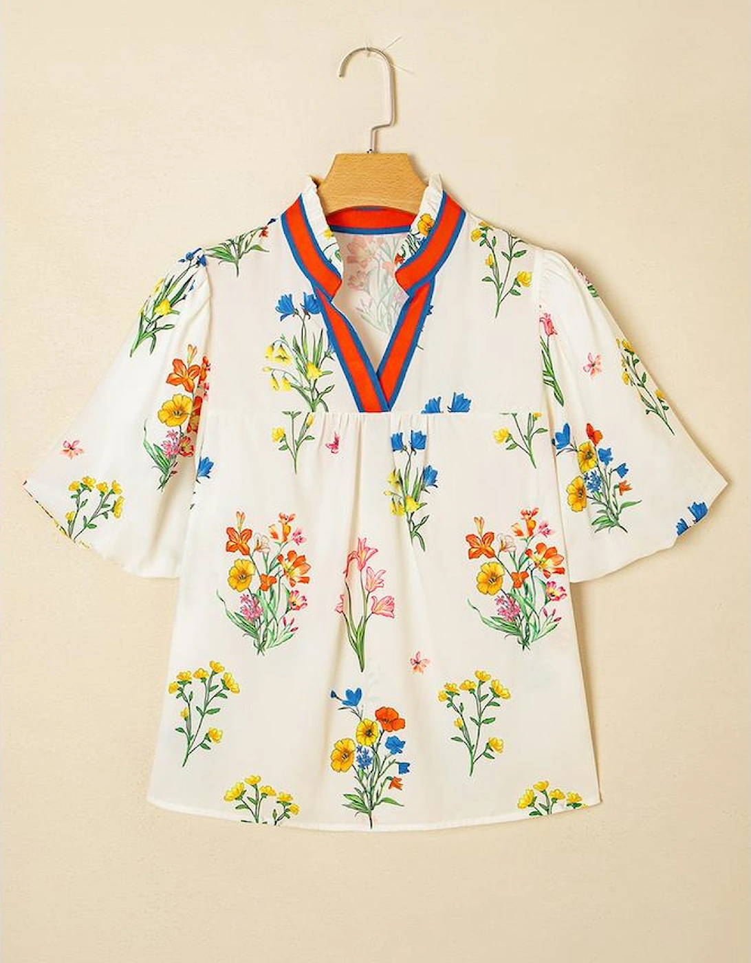 White Floral Short Puff Sleeve Contrast V Neck Print Blouse