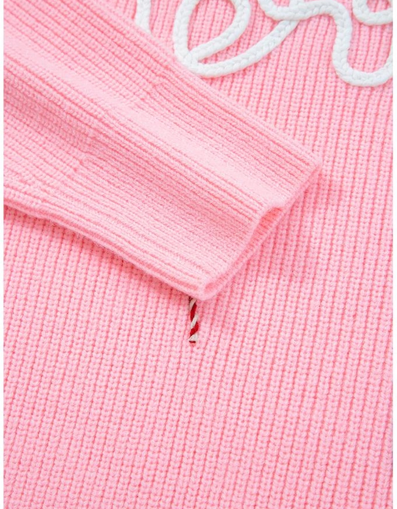 Pink Merry Candy Cane Puffy Knit Crew Neck Sweater