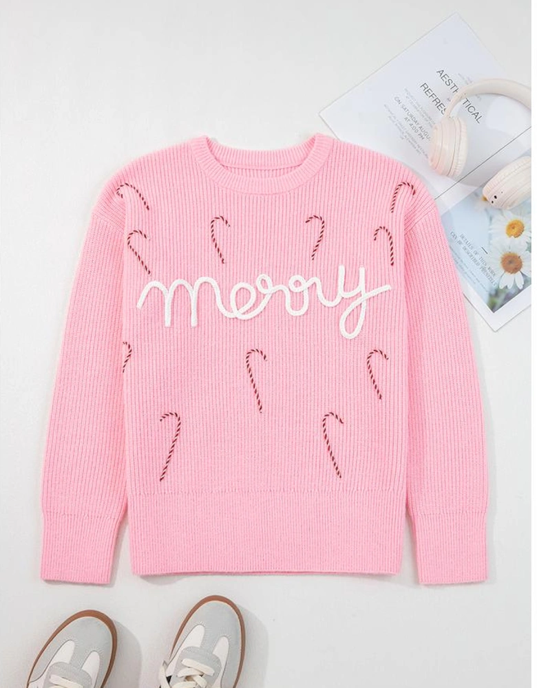 Pink Merry Candy Cane Puffy Knit Crew Neck Sweater