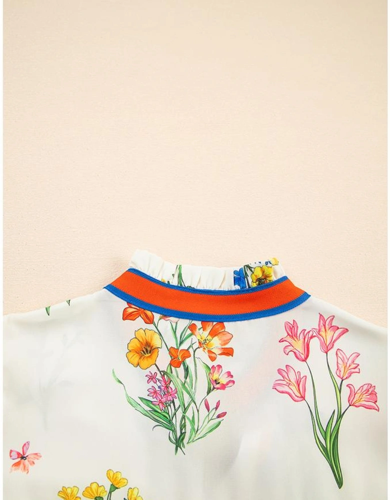 White Floral Short Puff Sleeve Contrast V Neck Print Blouse