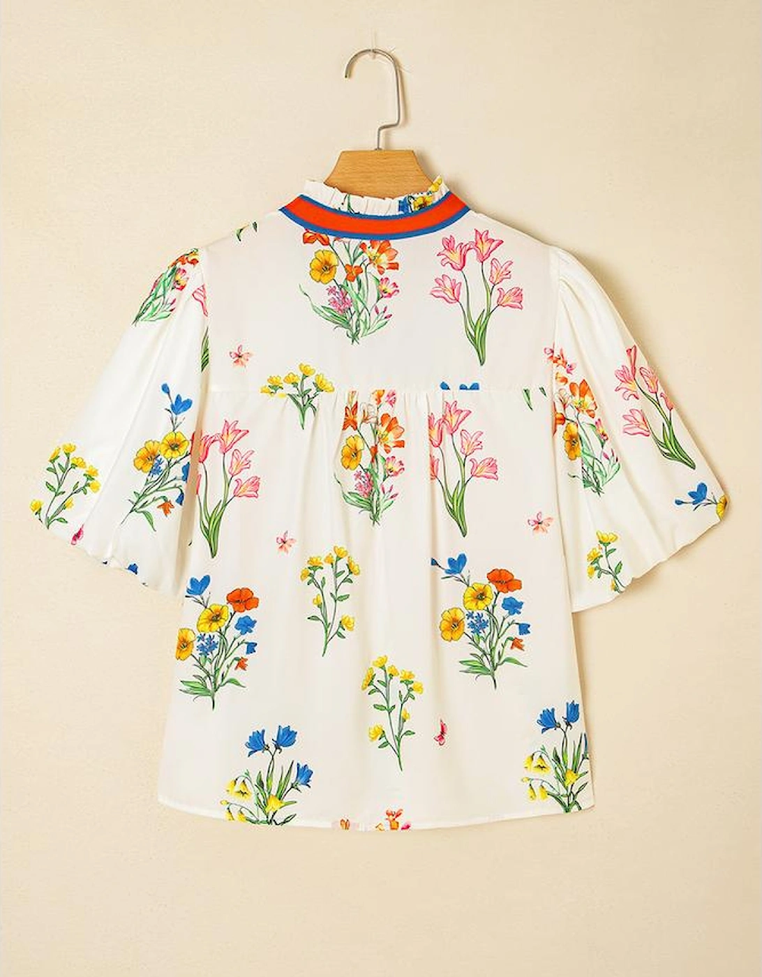 White Floral Short Puff Sleeve Contrast V Neck Print Blouse