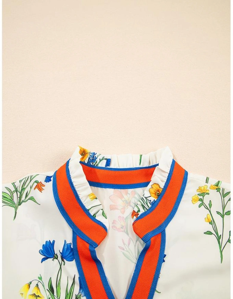 White Floral Short Puff Sleeve Contrast V Neck Print Blouse