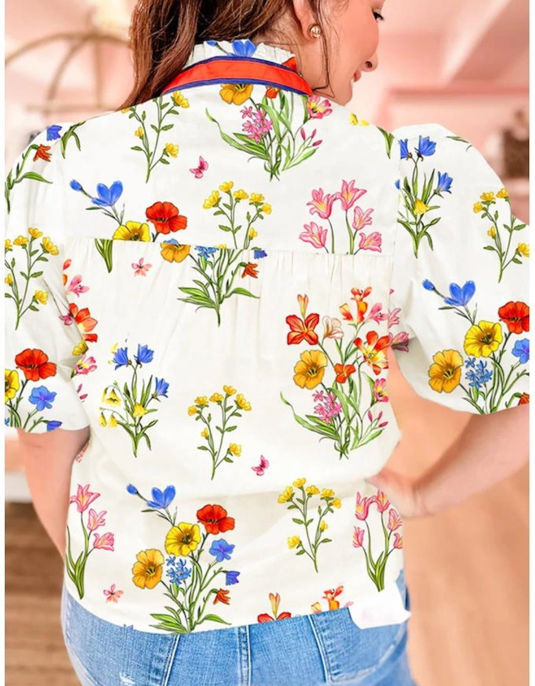 White Floral Short Puff Sleeve Contrast V Neck Print Blouse