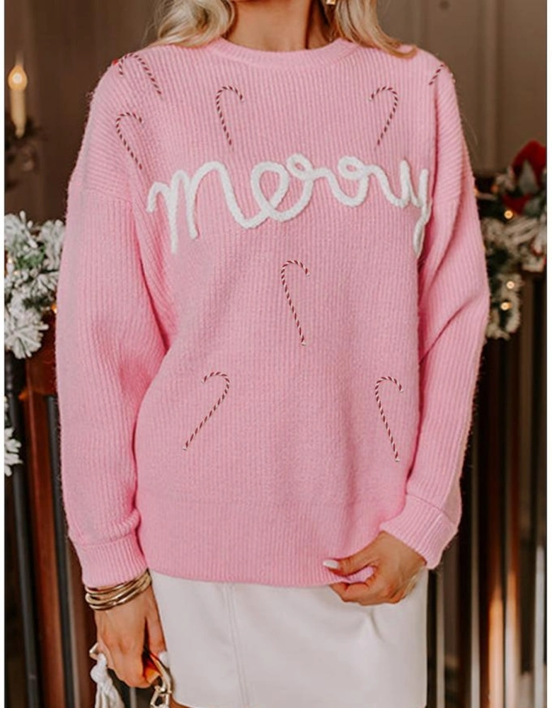 Pink Merry Candy Cane Puffy Knit Crew Neck Sweater