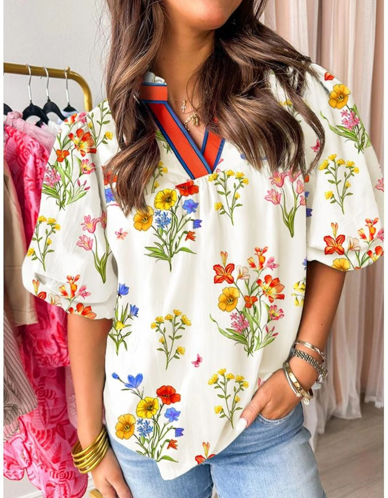 White Floral Short Puff Sleeve Contrast V Neck Print Blouse