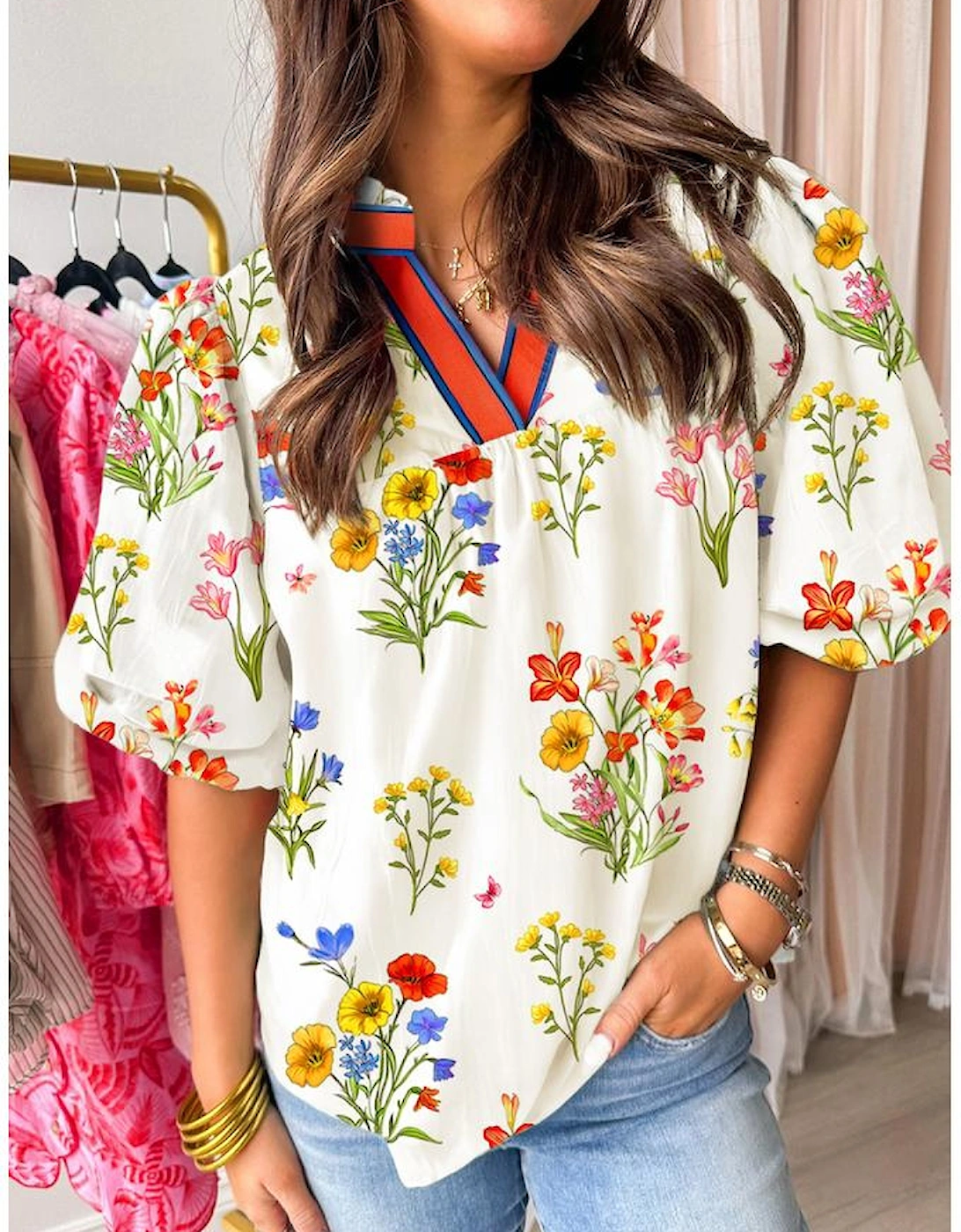 White Floral Short Puff Sleeve Contrast V Neck Print Blouse