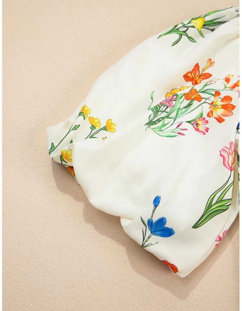 White Floral Short Puff Sleeve Contrast V Neck Print Blouse