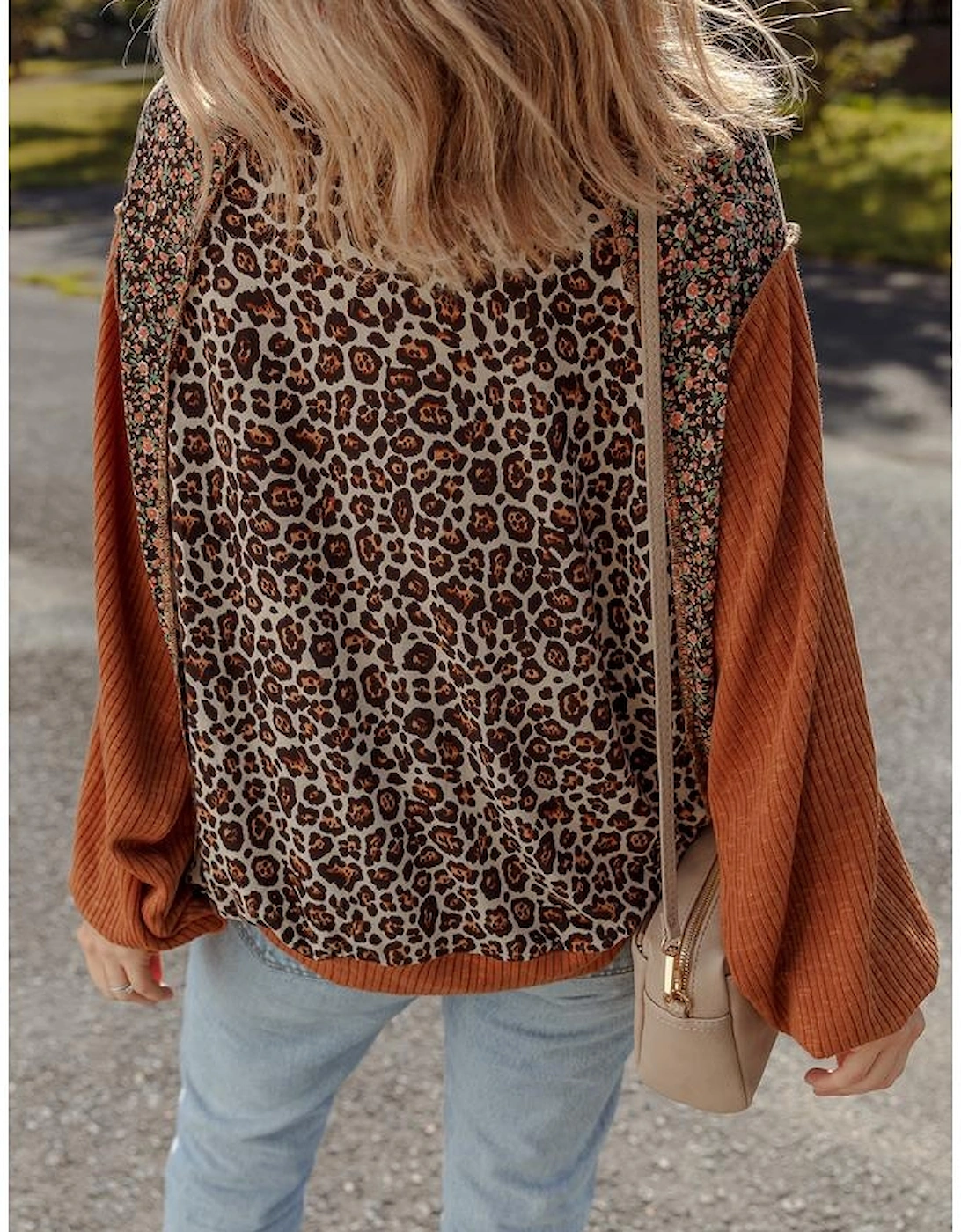 Brown Leopard Floral Print Ribbed Puff Sleeve Patchwork Loose Pullover