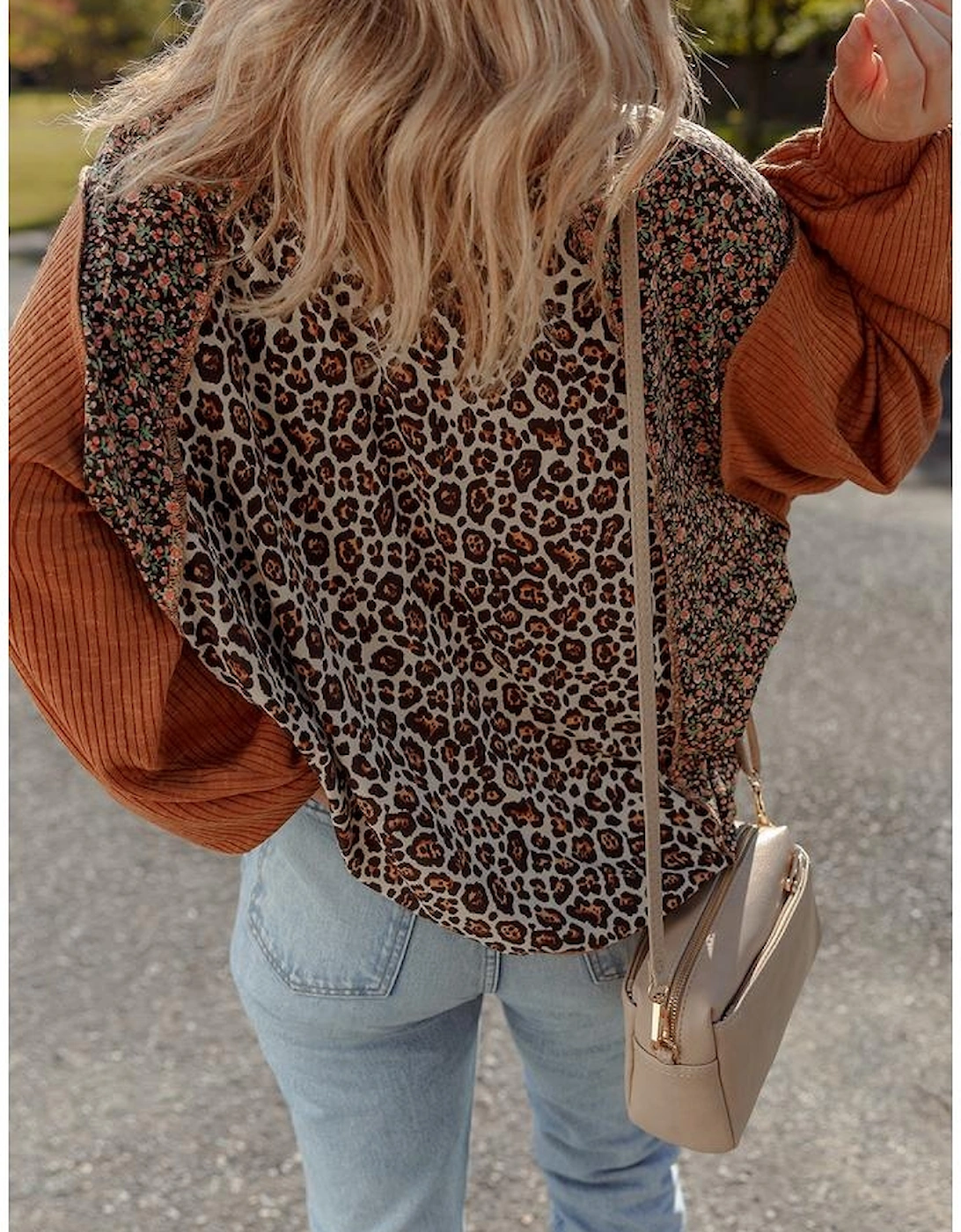 Brown Leopard Floral Print Ribbed Puff Sleeve Patchwork Loose Pullover, 11 of 10