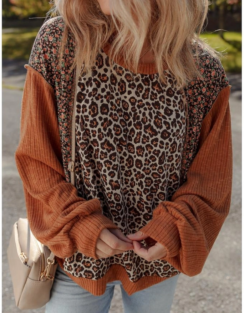 Brown Leopard Floral Print Ribbed Puff Sleeve Patchwork Loose Pullover