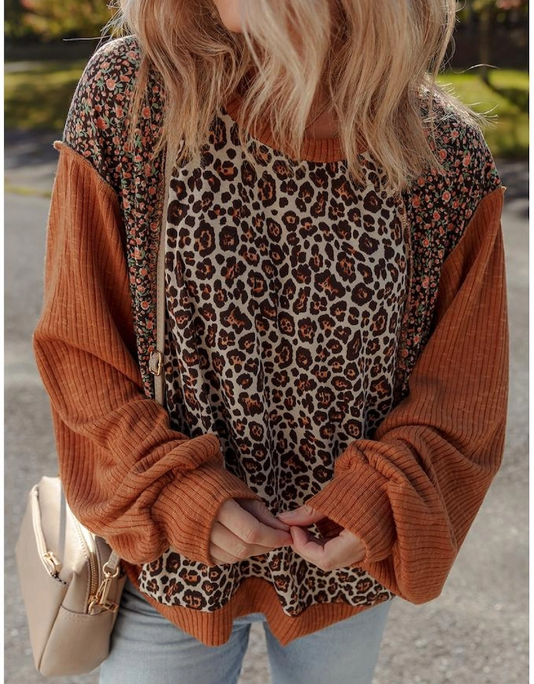 Brown Leopard Floral Print Ribbed Puff Sleeve Patchwork Loose Pullover