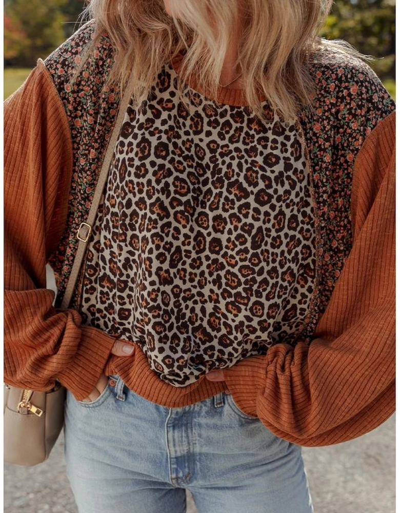 Brown Leopard Floral Print Ribbed Puff Sleeve Patchwork Loose Pullover
