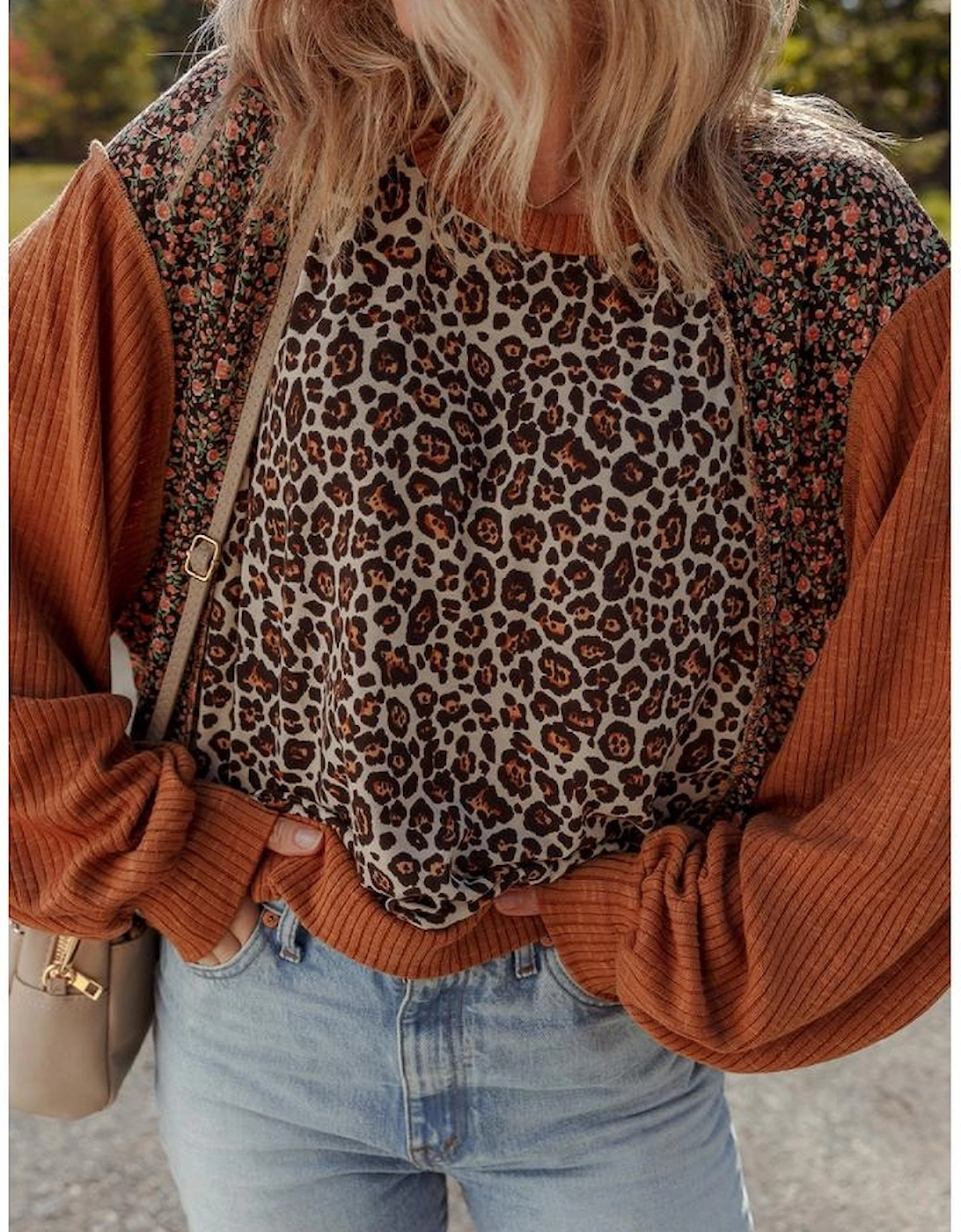 Brown Leopard Floral Print Ribbed Puff Sleeve Patchwork Loose Pullover