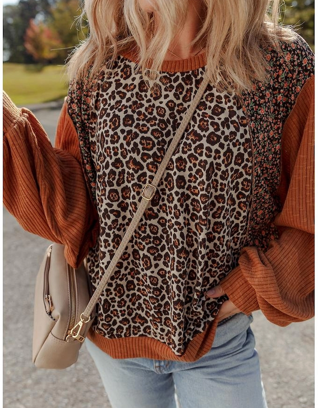 Brown Leopard Floral Print Ribbed Puff Sleeve Patchwork Loose Pullover
