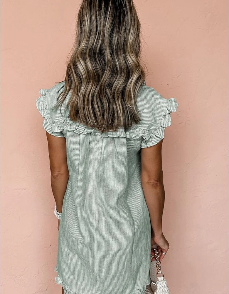 Green Stripe Frilled Sleeveless Collar Front Pocket Button Up Mini Dress