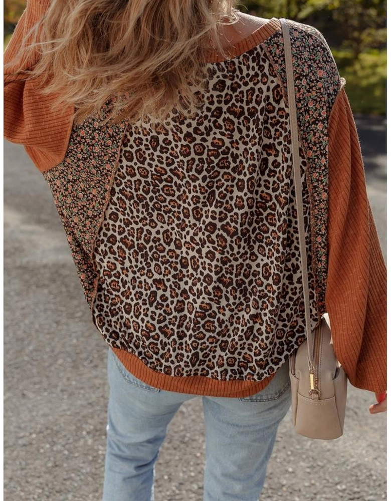 Brown Leopard Floral Print Ribbed Puff Sleeve Patchwork Loose Pullover