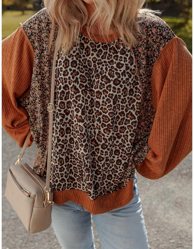 Brown Leopard Floral Print Ribbed Puff Sleeve Patchwork Loose Pullover
