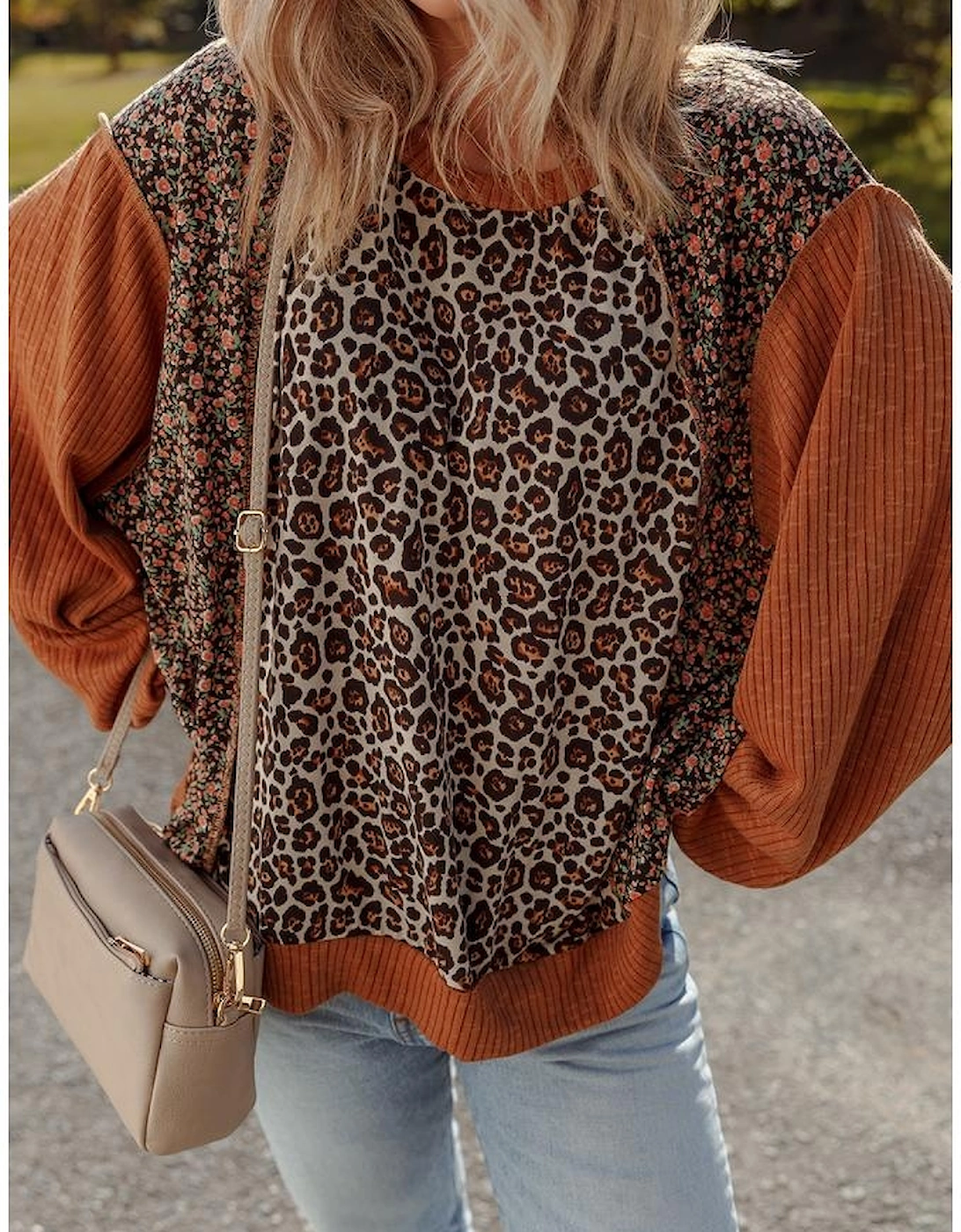 Brown Leopard Floral Print Ribbed Puff Sleeve Patchwork Loose Pullover