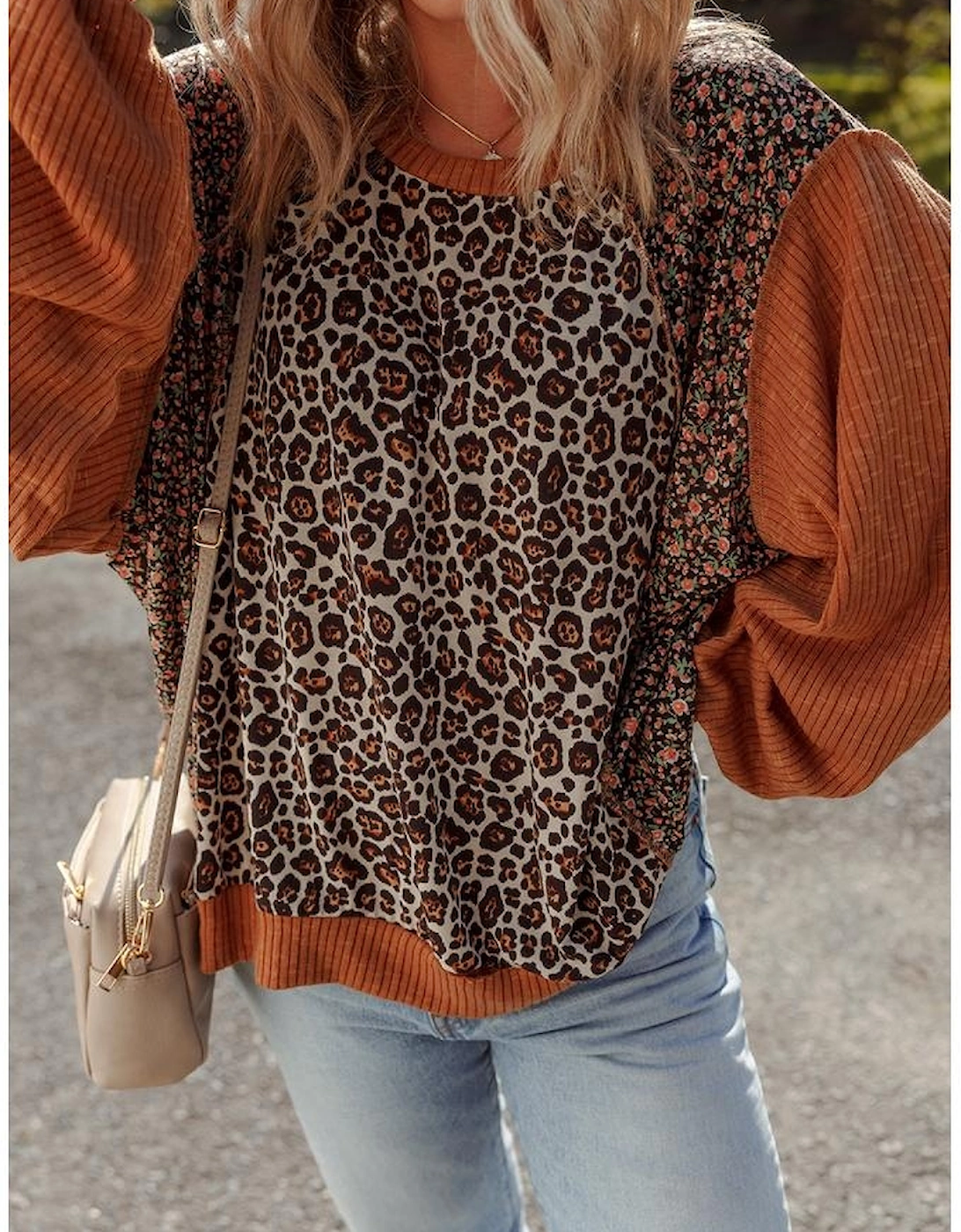 Brown Leopard Floral Print Ribbed Puff Sleeve Patchwork Loose Pullover