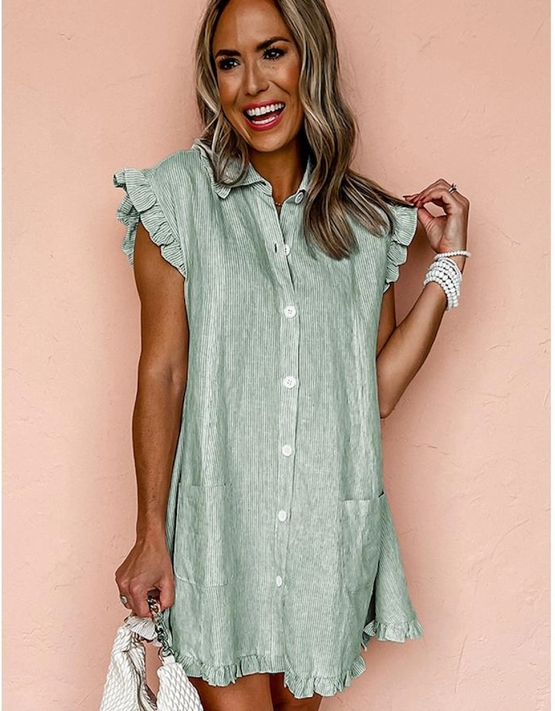 Green Stripe Frilled Sleeveless Collar Front Pocket Button Up Mini Dress