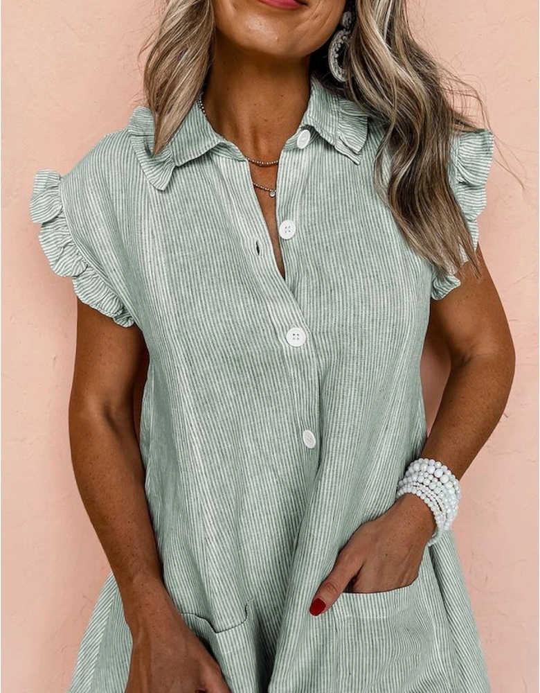 Green Stripe Frilled Sleeveless Collar Front Pocket Button Up Mini Dress