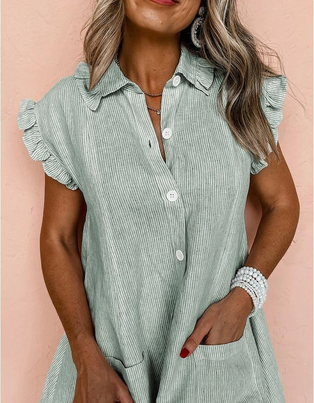Green Stripe Frilled Sleeveless Collar Front Pocket Button Up Mini Dress