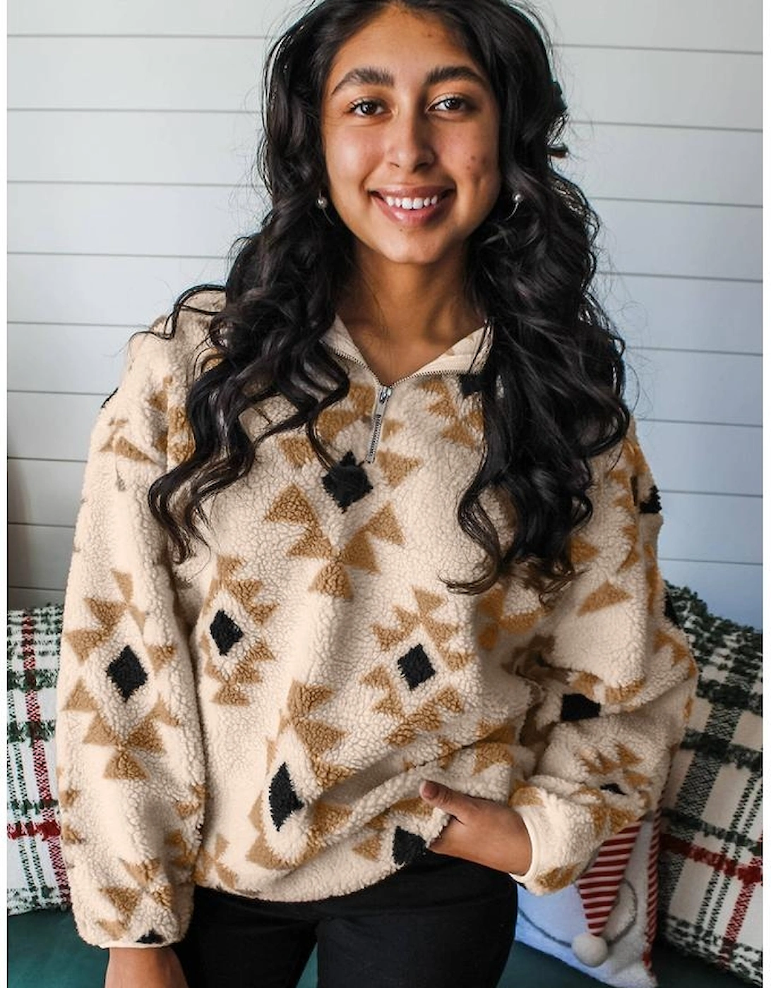 Khaki Aztec Print Sherpa Quarter Zip Collar Sweatshirt