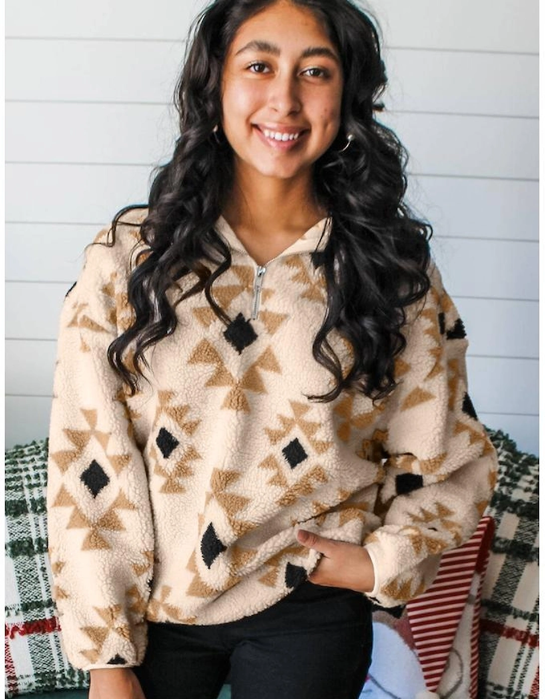 Khaki Aztec Print Sherpa Quarter Zip Collar Sweatshirt